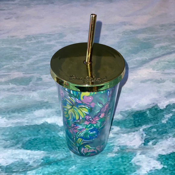 EUC Lilly Pulitzer Mermaid In The Shade Tumbler & Gold Straw - Picture 2 of 6